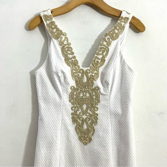 Lilly Pulitzer Suzette Shift Dress White Resort Gold Embroidery Sheath Mini sz 2 - Picture 4 of 14